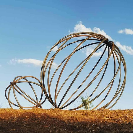 SPHERES--240cm--&-90cm---FABRICATED--MILD-STEEL-PIPE-NATURAL-OXIDE-[outdoor,landmark]-Tobias Benent-australian--sculpture-large-oversize