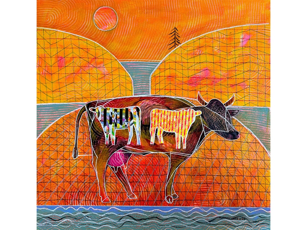 cow art colourful landscape painting